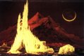 Erebus: ein Feuer und ein Eisbär
in einer Landschaft mit einem großen Berg im Hintergrund im Licht des nur teilweise beleuchteten Mond