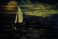 Iskador: ein Katamaran auf dunkler See
Ein Mann segelt mit einem kleinen Segelboot in Richtung des Horizonts, wo etwas anderes als der Mond am düsteren Himmel steht